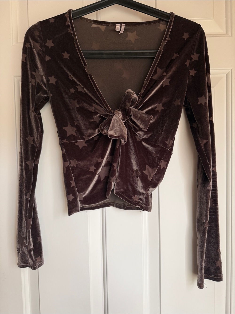 Urban Outfitters Dark Green Star-Print Velvet Tie-Front Crop Top